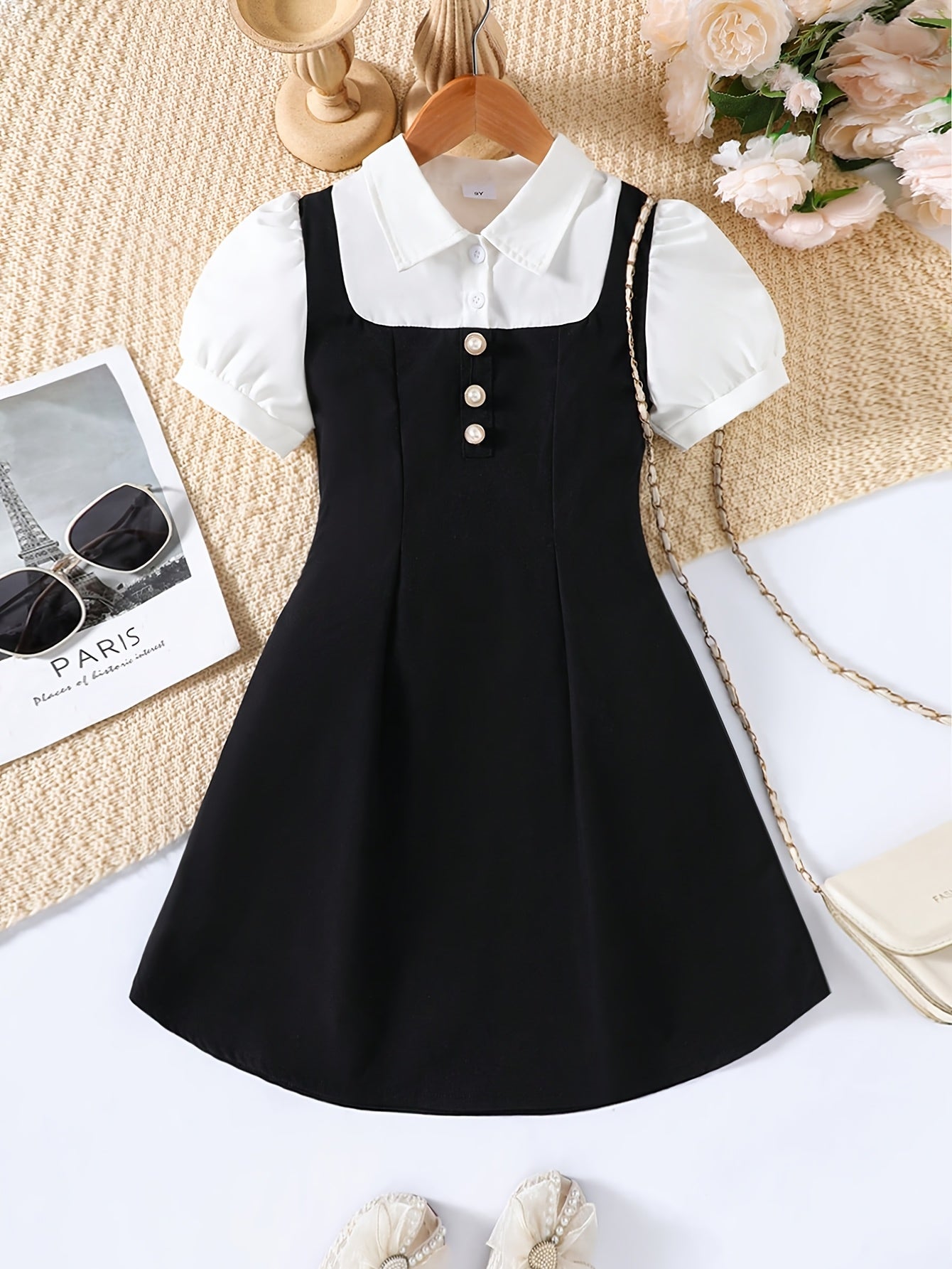 Girls' Preppy Collared Dress Summer Pleated Hem 80-120