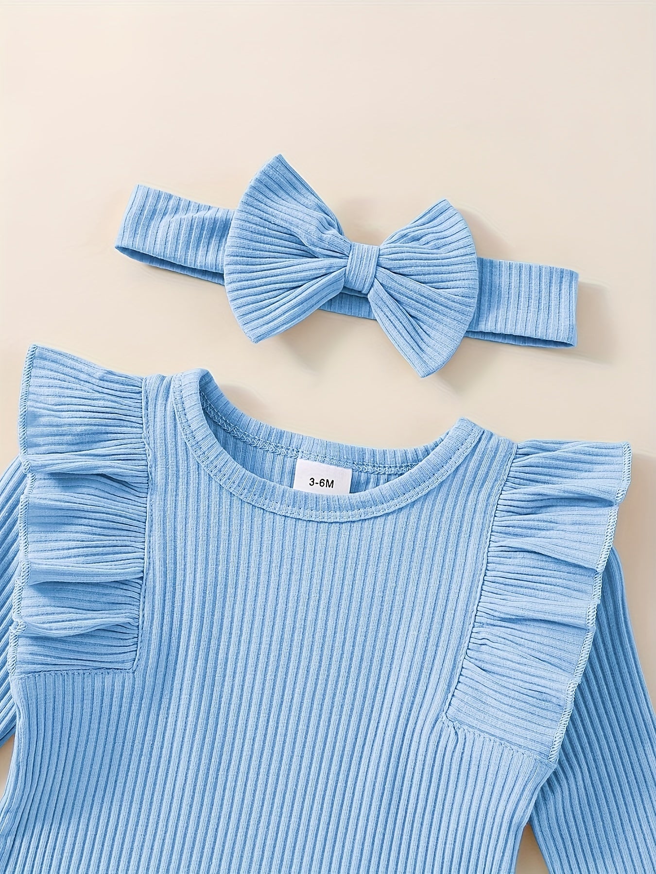 3pcs Baby Girl Outfit Set, Cute Ribbed Ruffle Long Sleeve Romper & Pants, 95% Cotton 5% Spandex, Crew Neck Pullovers, Solid Color, Regular Fit, No Belt, Fall/Winter Knit Fabric, 0-18 Months, for Outdoor