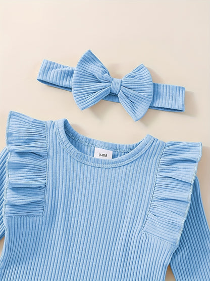 3pcs Baby Girl Outfit Set, Cute Ribbed Ruffle Long Sleeve Romper & Pants, 95% Cotton 5% Spandex, Crew Neck Pullovers, Solid Color, Regular Fit, No Belt, Fall/Winter Knit Fabric, 0-18 Months, for Outdoor