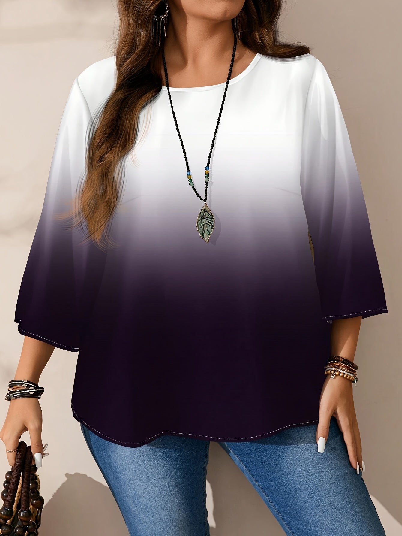 Գրասենյակ պատրաստ է| Elegant Plus Size կանացի գրադիենտ բլուզ - միջին երկարությամբ, երեք քառորդ թևով, կլոր վզով, չձգվող պոլիեսթեր - լվացվող մեքենայով և չոր մաքրվող - կատարյալ գարնան/աշունի համար, պլյուս չափսի բլուզ: