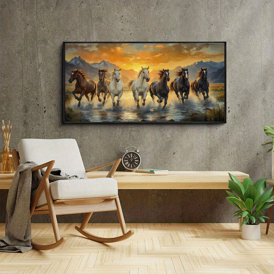 2D Flat, 1pc Large Scale Running Horses Canvas Wall Art - Asian-Inspired Classic Art Deco Landscape Painting, Unframed Vibrant Wild Animal Print for Living Room, Bedroom, Office Decor - 40x80cm/50x100cm, Perfect Gift for Birt
