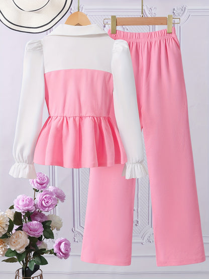 «Նորաձև աշնանային, էլեգանտ, ժապավենաձև զարդարված երկար թևքով վերնաշապիկ և ուղիղ լայն տաբատ՝ երկկտոր հավաքածու, զբոսանքի համար»