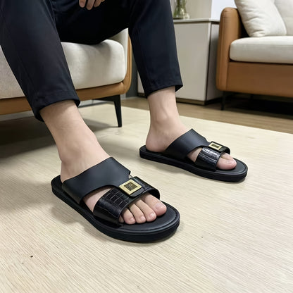 Men's Luxury Crocodile Embossed Slide Sandals with Metal Buckle