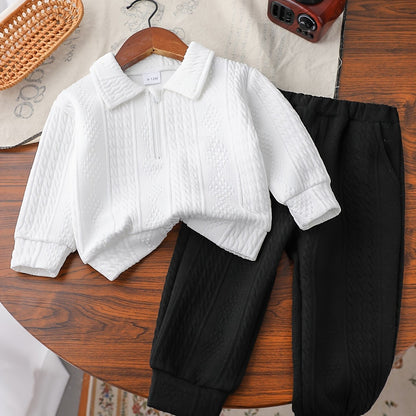 Newborn Boy's Trendy Long Sleeves Lapel Top & Pants Set, 2pcs Comfy Outfits For Kids Everyday And Outdoors