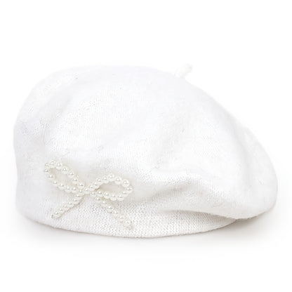 1pc Women's Wool Beret with Pearl Bow - Elegant, Breathable, and Stylish in Multiple Colors (Black, Brown, Gray, Beige, Purple, Pink) for Casual Attire