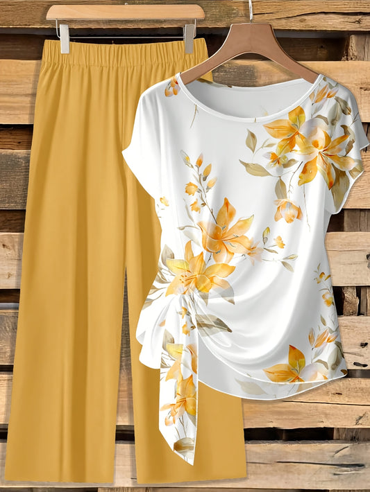 Women's Floral Bow-Tie Blouse & Loose Straight Pants Set - ayq