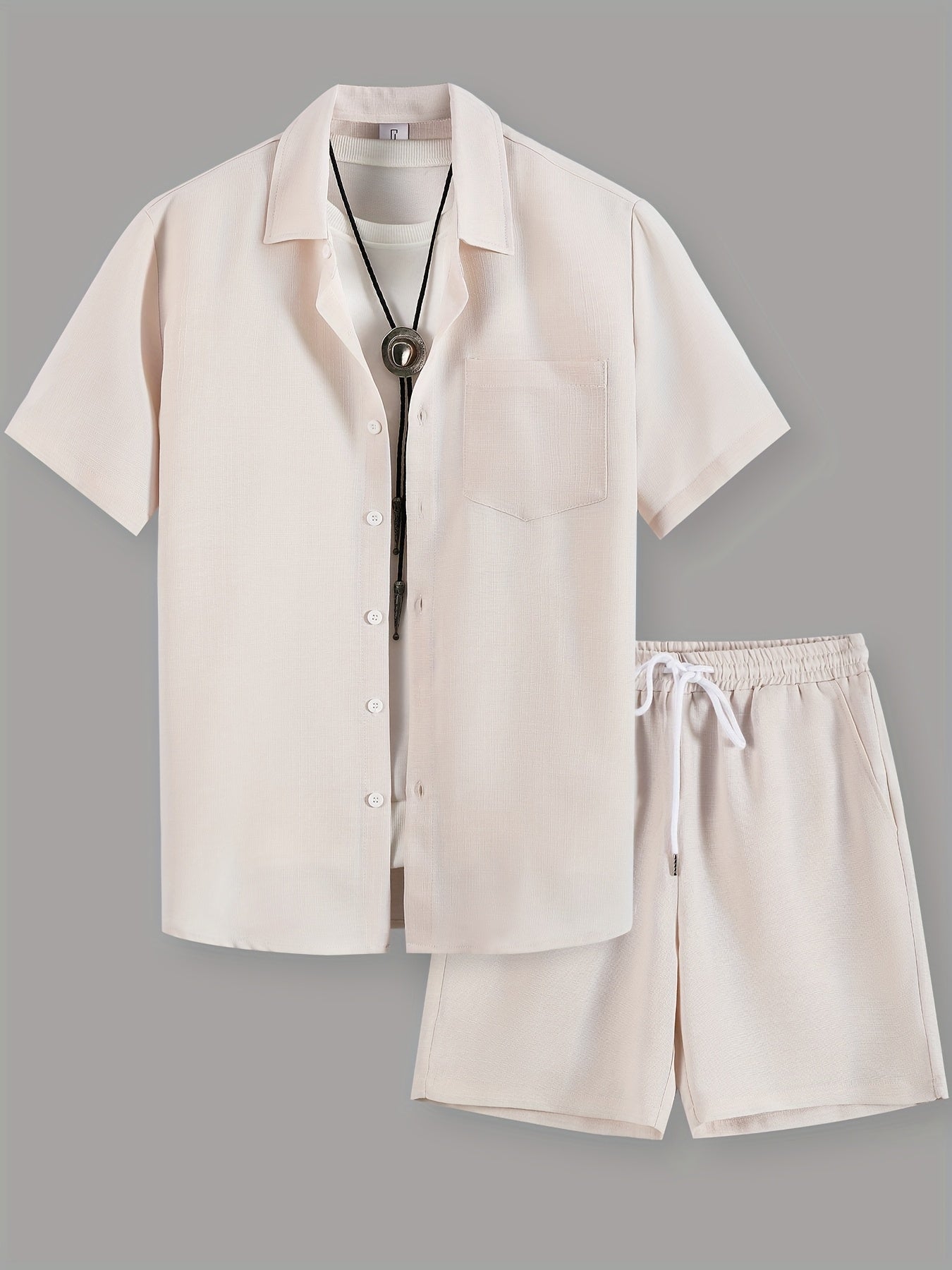 Men's Summer Casual Solid Color Shirt and Shorts Set