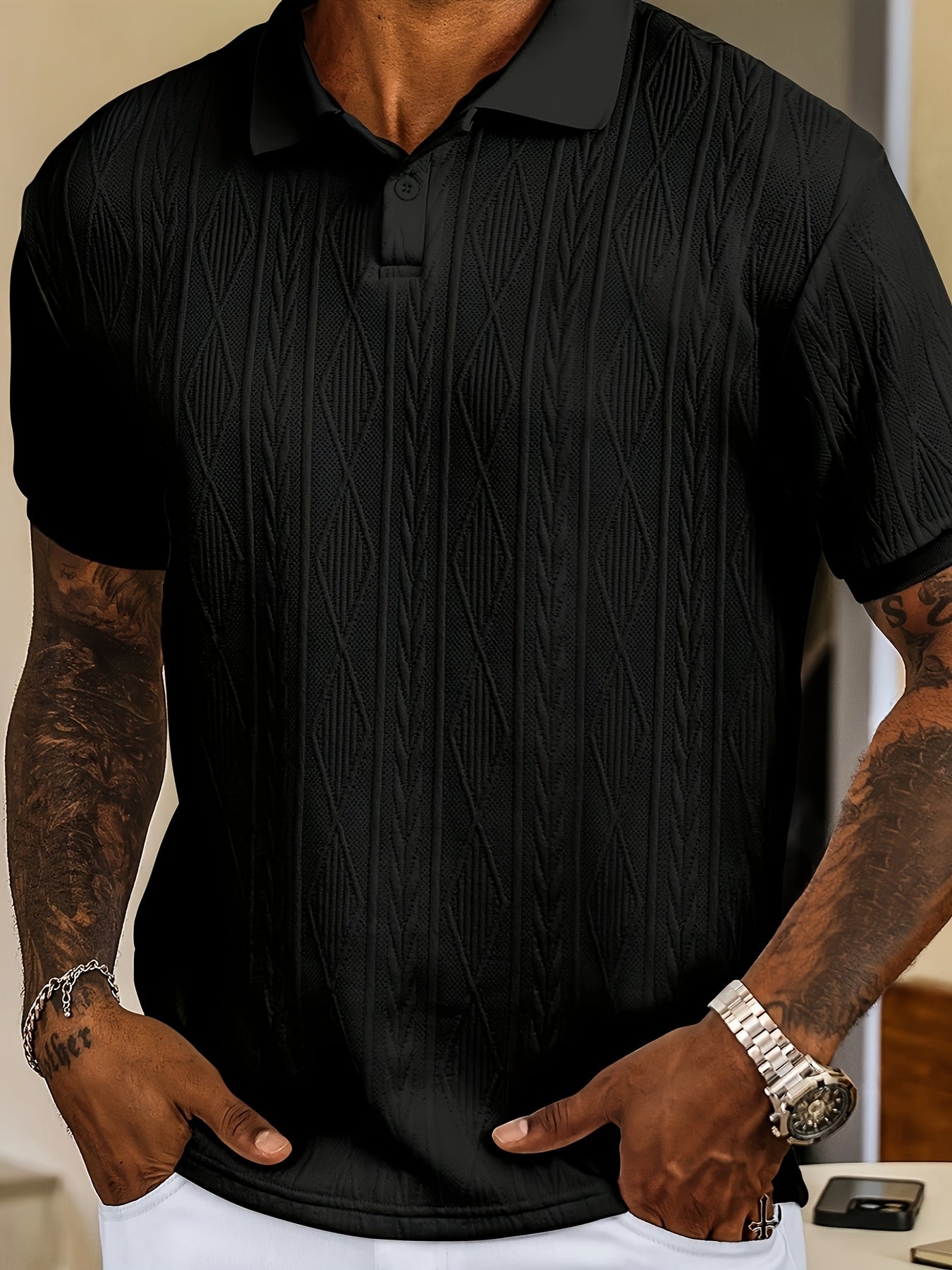 Men'S New Solid Color Top, Jacquard Design, Soft Fabric, Outdoor Casual Business Breathable Polo Shirt Golf Shirt, Suitable for Vacation and Business Occasions, Essential for Daily Leisure - ayq