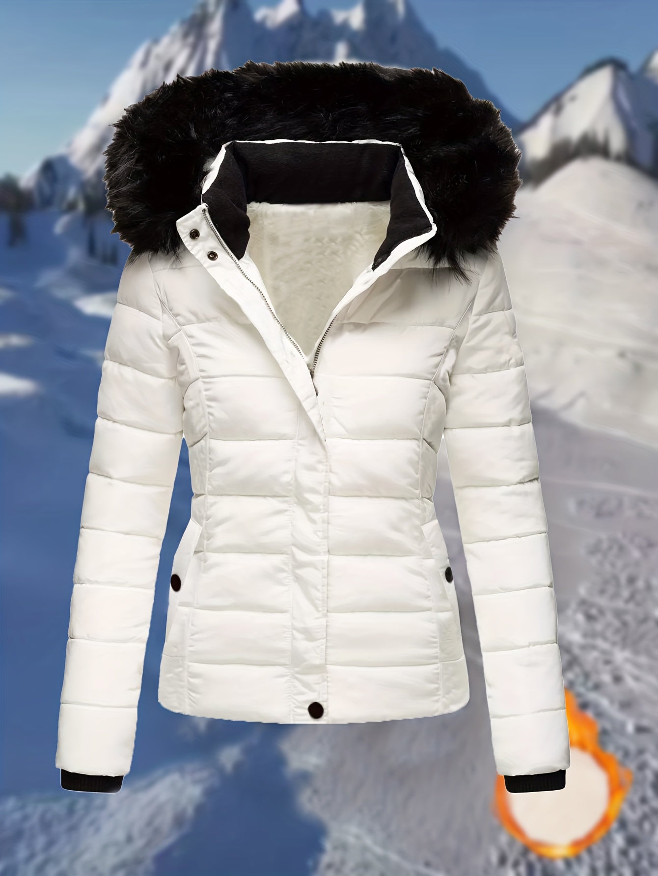 Կանացի էլեգանտ սպիտակ ձմեռային կարված բաճկոն՝ սև մորթե գլխարկով, կայծակաճարմանդով գրպաններով և բրդյա աստառով - ոճային կարճ վերարկու ցուրտ եղանակի համար, ձմեռային վերարկուներ