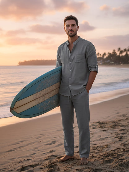 Men's Linen Long-Sleeve Shirt & Pants Set for Spring and Fall