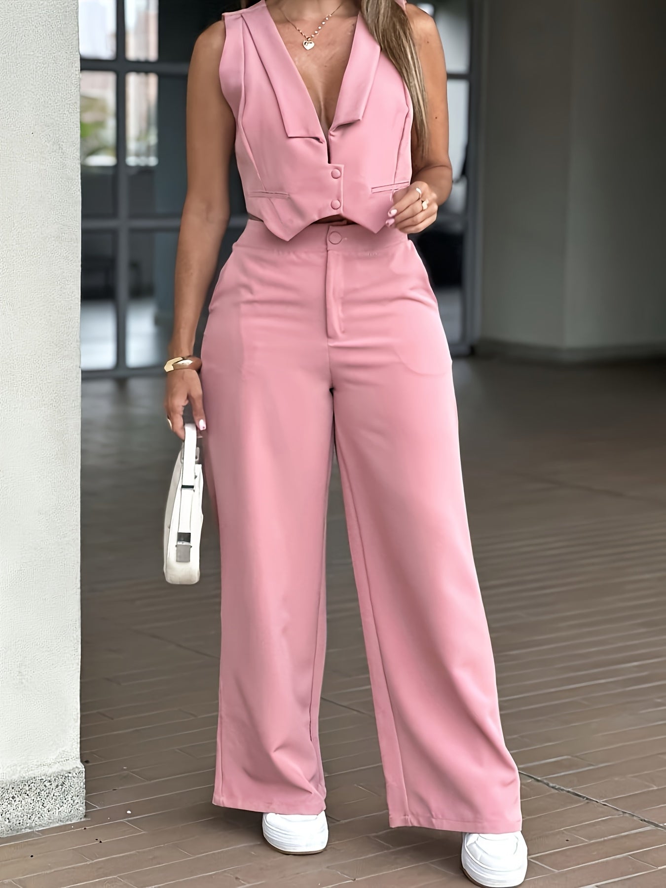 New Women's Pants Set, Sleeveless Waist-Cinching Vest Set with Wide-Leg Pants, Mature and Elegant 2pcs Commuter Outfit - ayq