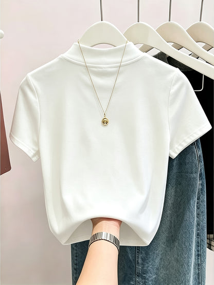 Women’s Summer Cotton Short Sleeve High Neck T-Shirt