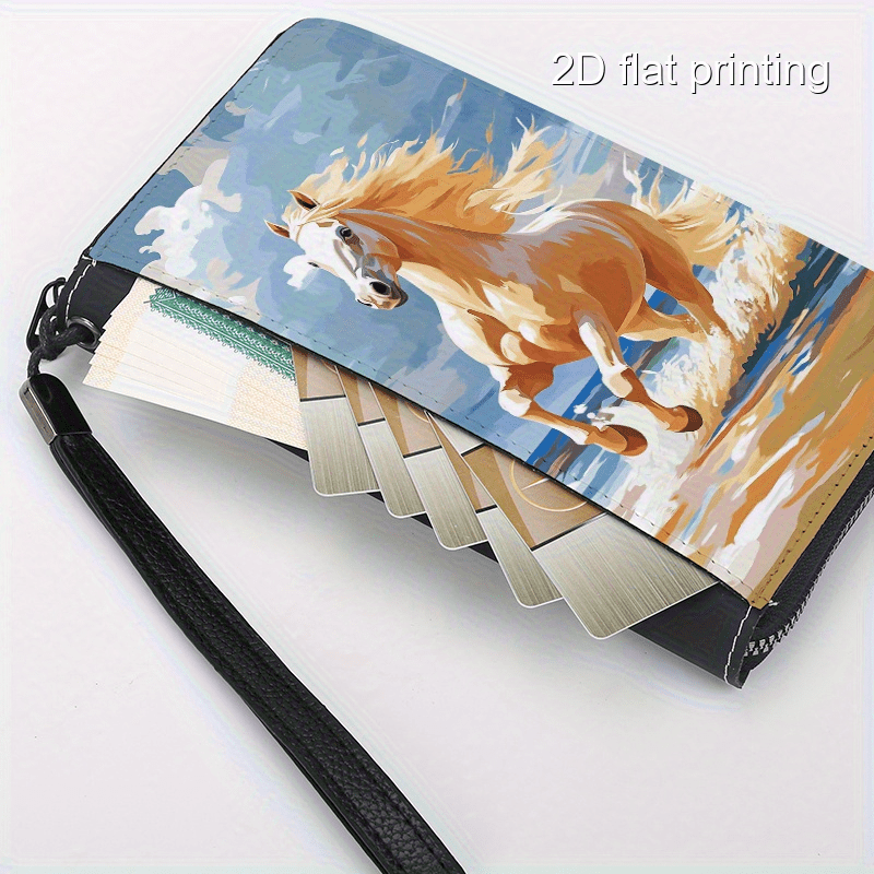 1pc Horse Pattern Ladies Wallet, Single-Sided New Design Large Capacity Multi-Card Slot Long Wallet, Trendy Casual Commuter Zippered Multifunctional Women's Clutch Purse, Pattern Placement May Vary