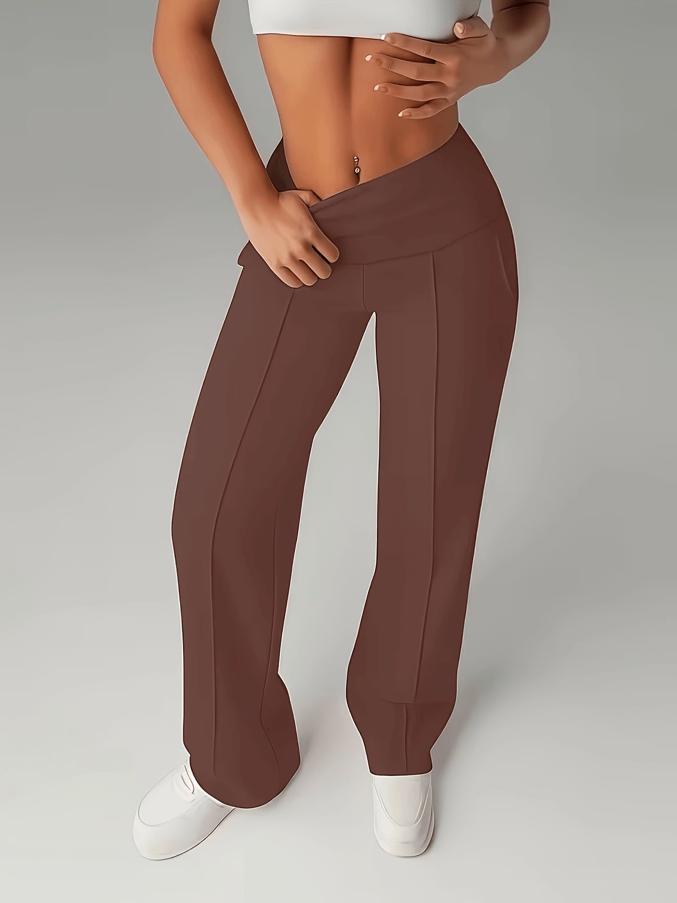 Women's Wide-Leg Straight Pants with Pleats & Hidden Pockets