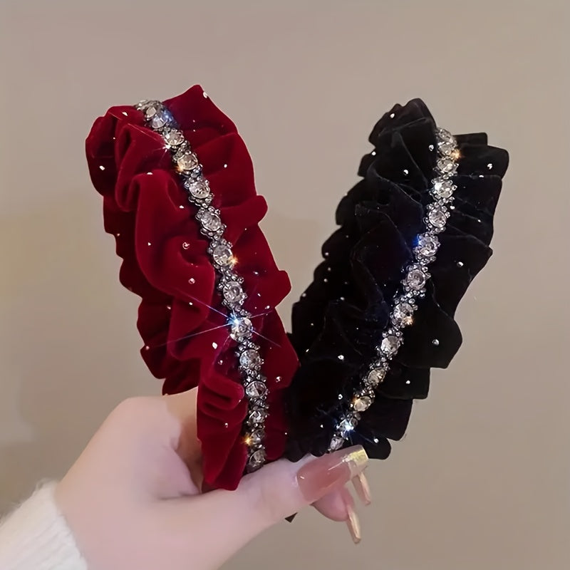 1/2pcs New Style Velvet Ribbon Hairband with Rhinestone Chain & Fold Design for s' Casual Attire