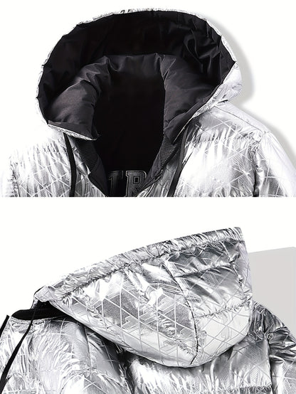 Men'S Stylish Hooded Winter Jacket - Thickened, Warm, and Trendy with Geometric Pattern, Black with Orange Accents, Polyester Filler, Perfect for Cold Weather, Winter Jacket Hooded