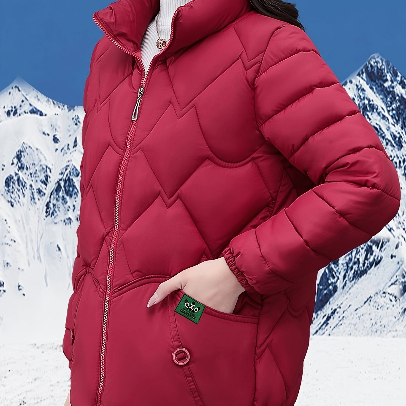 Մեծ չափս - Կանացի ոճային կարմիր կարված բաճկոն - երկար թևքերով, կայծակաճարմանդով ձմեռային վերարկու գրպաններով, առօրյա պոլիեսթերային վերնազգեստ ցուրտ եղանակի համար, ձմեռային բաճկոն