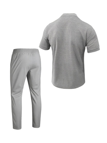 Men's Waffle Knit Zipper Shirt, Rib Collar Short Sleeve T-Shirt, Casual Breathable Summer Top - ayq