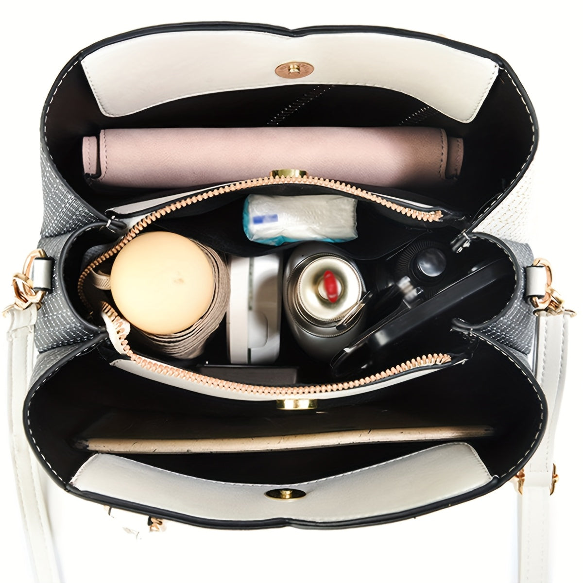 Women's Elegant Two-Tone Faux Leather Tote Bag with Detachable Strap