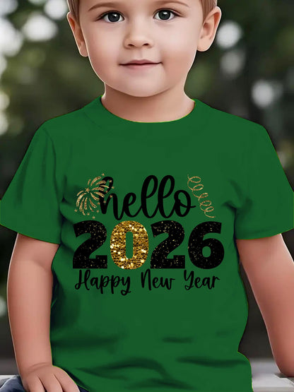 Boys' 2026 New Year'S Eve Party T-Shirt - Hello 2026 Happy New Year Fireworks Print with Golden & Lettering - Lightweight Summer Tee for Birthday Party Outfit, New Year'S Eve Celebration - Easy-care Kids Shirt, New Year T Shi