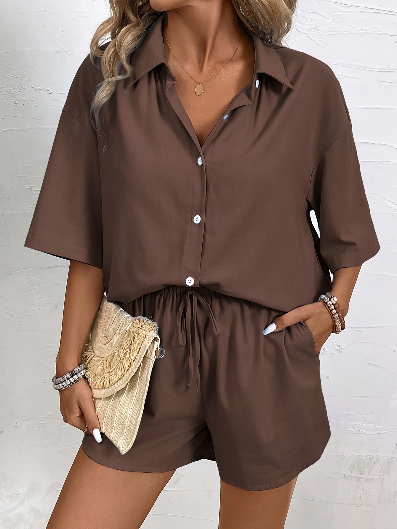Women's Solid Casual Short Sleeve Shirt & Shorts Set - Spring/Summer