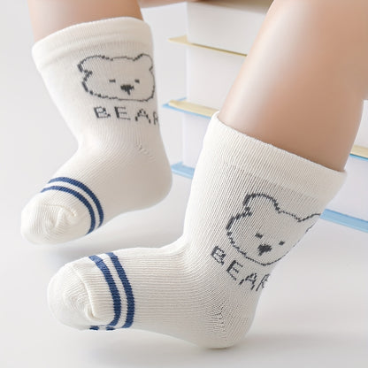 5pairs Cute Bear Footprint Striped Knit Socks, Soft Comfortable Thin Breathable Socks Baby Boys And Girls Accessories