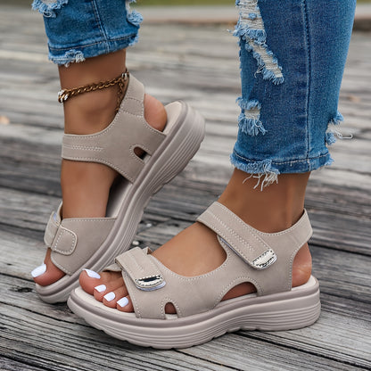 Non Slip Women's Platform Open Toe Sandals, Solid Color Ankle Buckle Strap Casual Outdoor Shoes