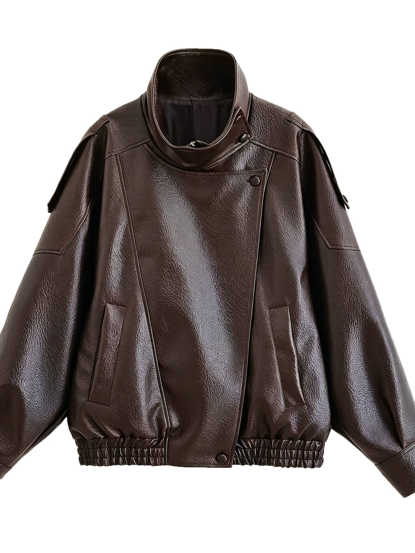 Oversized Vintage Faux Leather Biker Jacket with Buckle Collar