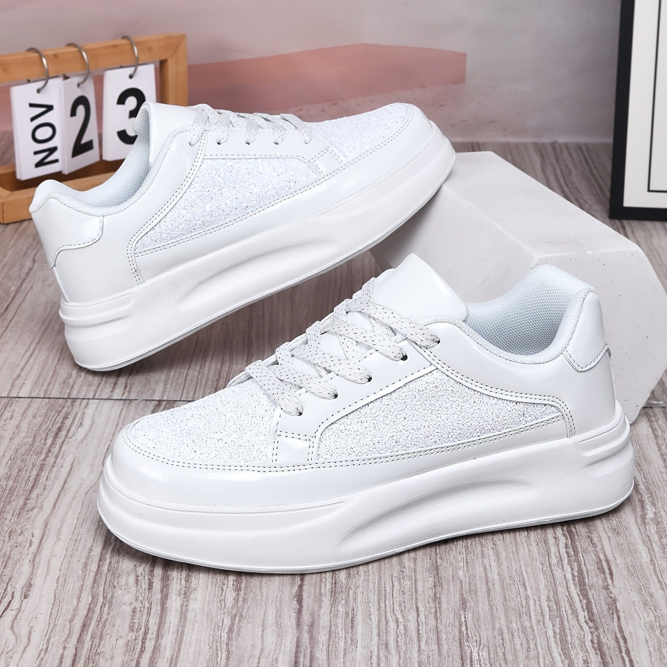 New Casual Sneakers, Fashionable and Versatile Sequined Shoes, Unisex Couple Style, Niche Platform Sneakers, Lightweight and Comfortable, Thick-Soled White and Black Sneakers - ayq