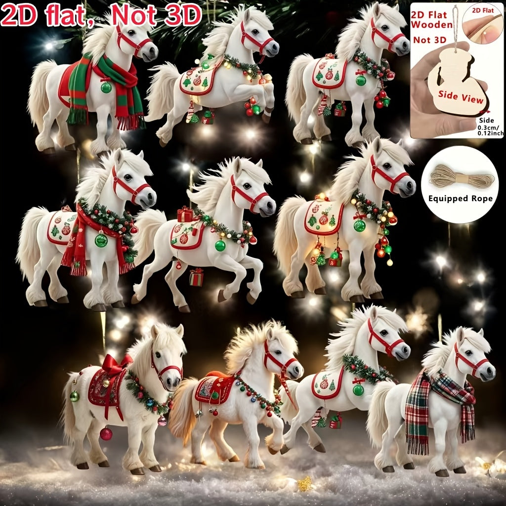 2D Flat, 10pcs White Horse Christmas Tree Ornaments - 2D Flat Hanging Decorations with Red & Green Harnesses, No Electricity Needed
