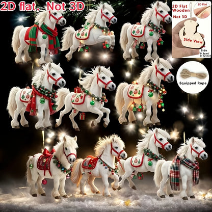 2D Flat, 10pcs White Horse Christmas Tree Ornaments - 2D Flat Hanging Decorations with Red & Green Harnesses, No Electricity Needed