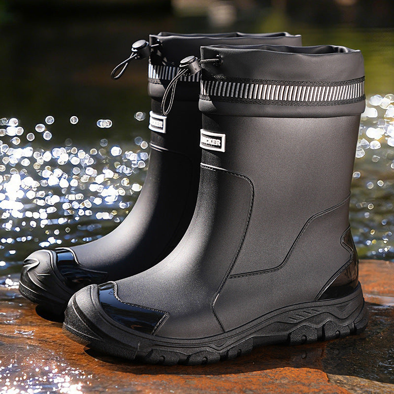 Unisex Mid-Calf Rubber Rain Boots with Drawstring Closure