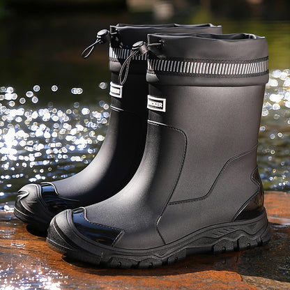 Unisex Mid-Calf Rubber Rain Boots with Drawstring Closure