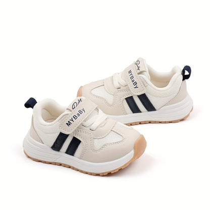 [1pc Unisex Toddler Sports Sneakers] Toddler Sports Sneakers, Unisex Preppy Casual Running Shoes, Striped Low Top Fabric & PU Upper, Breathable Mesh, Soft TPR Sole, with Adjustable Strap Closure, for Spring/Summer, All-Season
