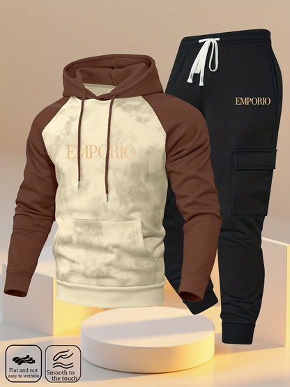 New Trendy Fashion Raglan Sleeve Colorblock Hoodie and Loose Cuffed Drawstring Cargo Pants with Multiple Pockets, Casual Daily Comfortable Versatile Breathable Hooded Sweatshirt and Loose Long Pants 2pcs Set with Stylish Prin