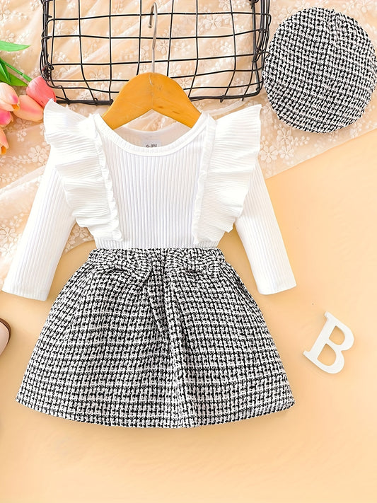 Girls' Plaid Ruffle Sleeve Turtleneck Top with Bowknot Detail, Long Sleeve Knit Skirt Set with Matching Hat - Casual Polyester and Spandex Blend, Elastic Waist, Knit Fabric, Autumn/Winter Collection, For Outdoor
