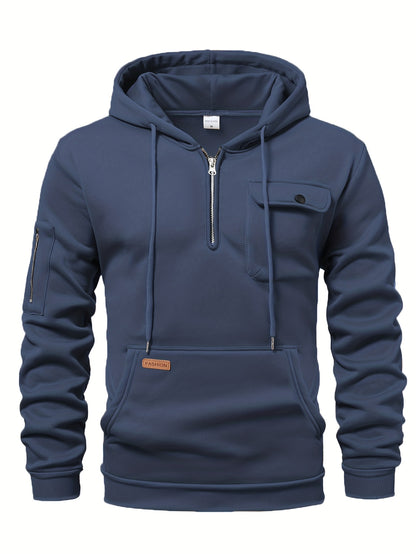 Men'S Minimalist Red & Christmas Tree Print Hooded Sweatshirt - Long Sleeve Casual Pullover with Piping, Regular Fit Winter Warmth for Holiday Parties, Outdoor Activities & Casual Attire, Christmas Sweatshirt, Seasonal Fashio