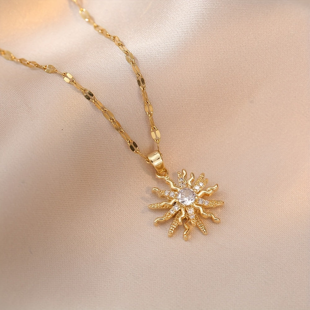 18K Gold Plated Sun Pendant Necklace with Sparkling Cubic Zirconia