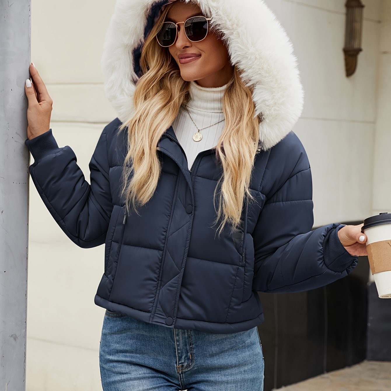 Կանացի կարճ, առօրյա, կայծակաճարմանդով, գլխարկով բաճկոն՝ արհեստական ​​մորթուց զարդանախշով - սև պոլիեսթեր, երկար թևքերով, աշնանային/ձմեռային բացօթյա հագուստ, ցուրտ եղանակի համար | Գլխարկով նորաձևություն | Փայլուն ծածկույթ