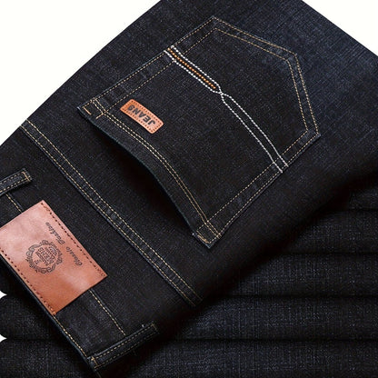 Men's Classic Business Casual Jeans - All-Season Black Denim with Patch Detail, Comfort Fit & Versatile Style