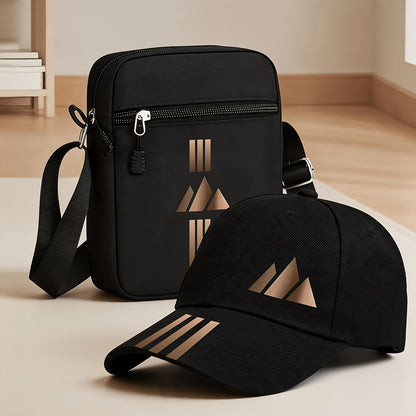 Unisex Curved Brim Baseball Cap & Crossbody Bag Set with Geometric Pri
