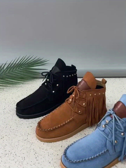 Women'S Fashion Solid Color Tassel and Rivet Chunky Sole Anti-Slip Soft Sole Chelsea Boots, Round Toe Lace-Up Zipper Western Cowboy Boots, Casual All-Season Comfort Flat Heel Dress Boots with Superfine Fiber Upper/Inner & Rub