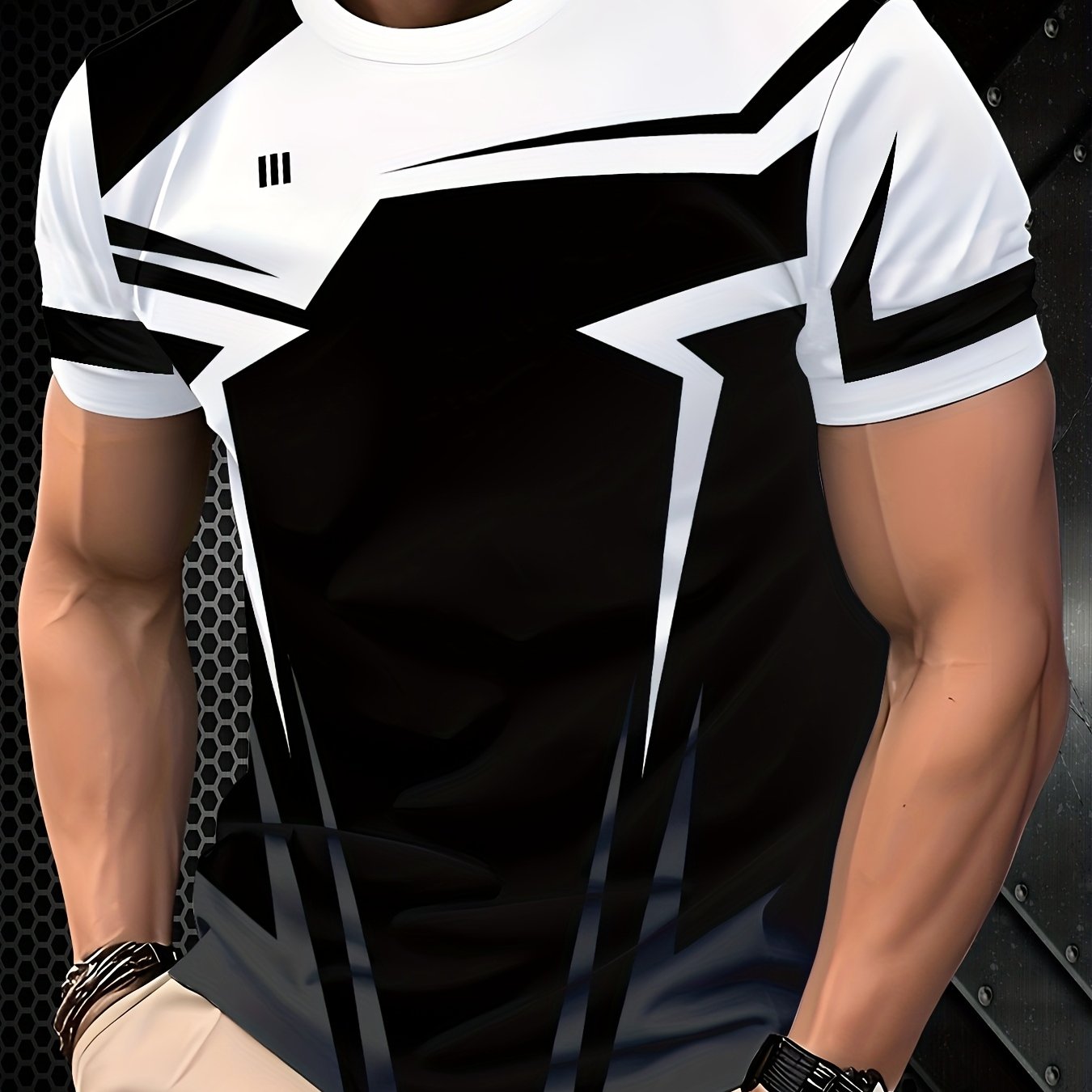 Men'S 3D Printed Short Sleeve T-Shirt - Stylish Black and White Geometric Design, Lightweight Polyester Fabric, Regular Fit Crew Neck for Casual Wear, Modern Apparel   Geometric Pattern Shirt   Lightweight Tshirt