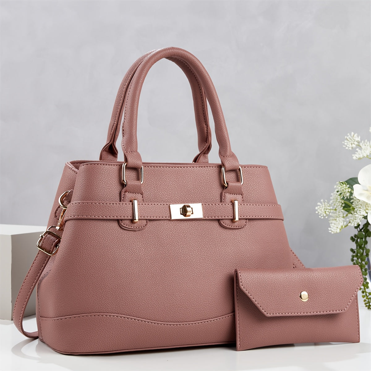 Women’s 2-Piece Faux Leather Quilted Bag Set with Removable Strap