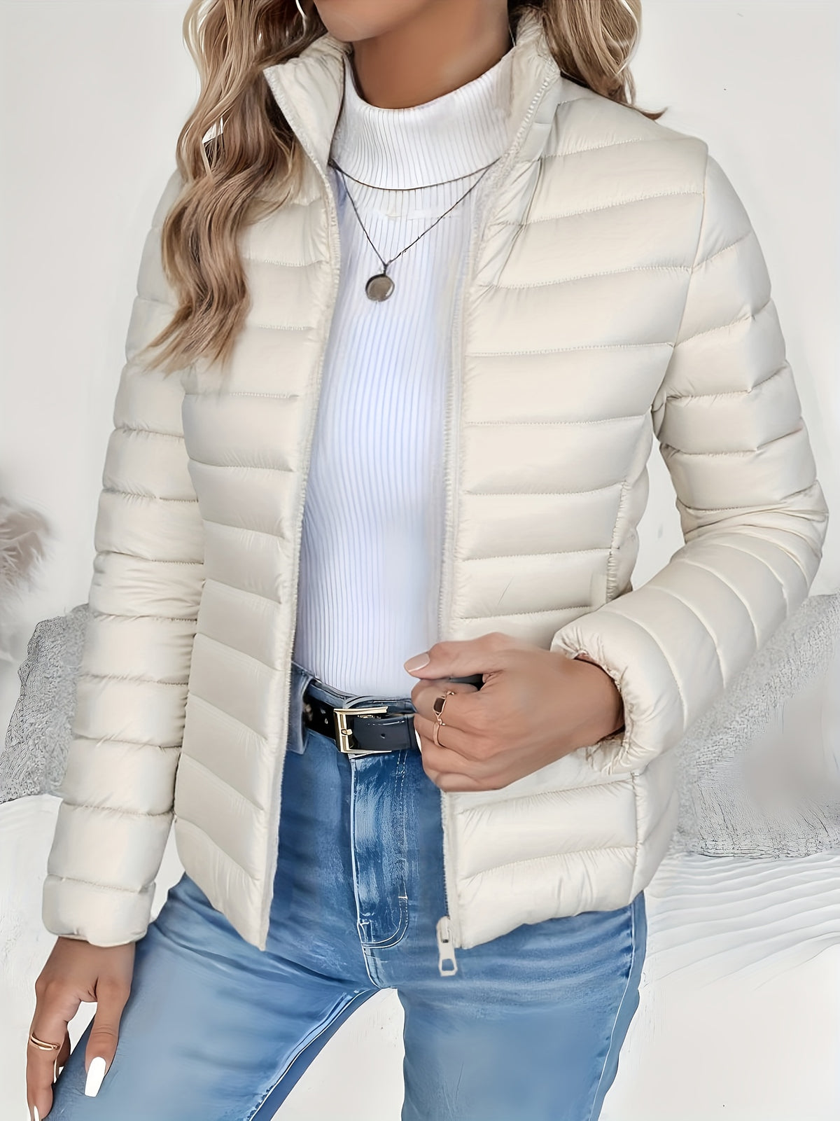Women's Slim-Fit Quilted Polyester Jacket with High Neck