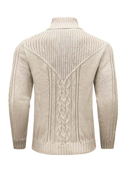 Տղամարդու բարձր օձիքով տաք տրիկոտաժե սվիտեր - ձգվող նորաձև ժապավենավոր սվիտեր, էլեգանտ ջենտլմենական կարդիգան