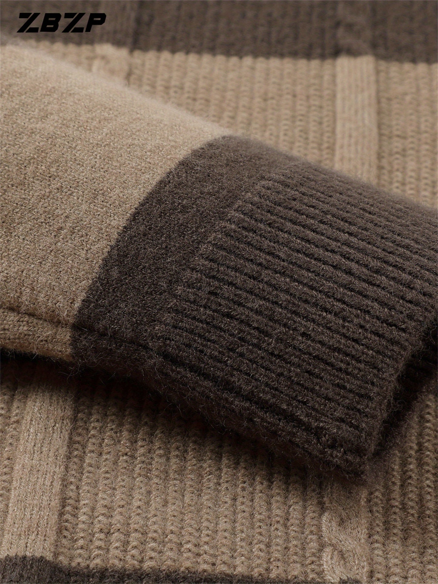 ZBZP Men'S Casual Striped Knit Sweater - Dark Gray & White Horizontal Stripes, Round Neck Long Sleeve, Regular Fit, Autumn Winter Warm Pullover for Casual Attire, Knit Sweater, Comfortable Fashion, Soft Texture, Cold Weather