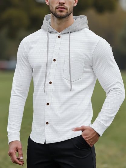 Men'S Lightweight Hooded Cardigan - Long Sleeve Sweater Jacket, Button-Front Closure, Light Grey Casual Outerwear for Office, Casual Attire - Breathable Fall/Spring Layering Essential, Sweater Cardigan, Waffle Texture, Durabl