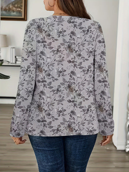 1pc Elegant Plus Size Floral Print Long Sleeve T-Shirt, Casual Crew Neck Polyester Top with Slight Stretch, All-Season Knit Fabric Blouse