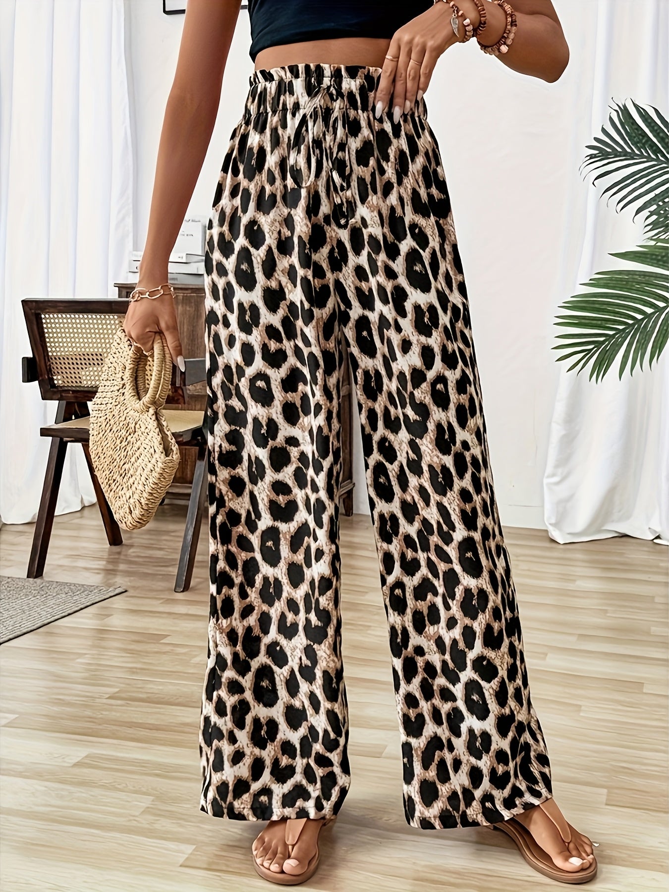 Casual Leopard Print Straight Leg Trousers for Summer